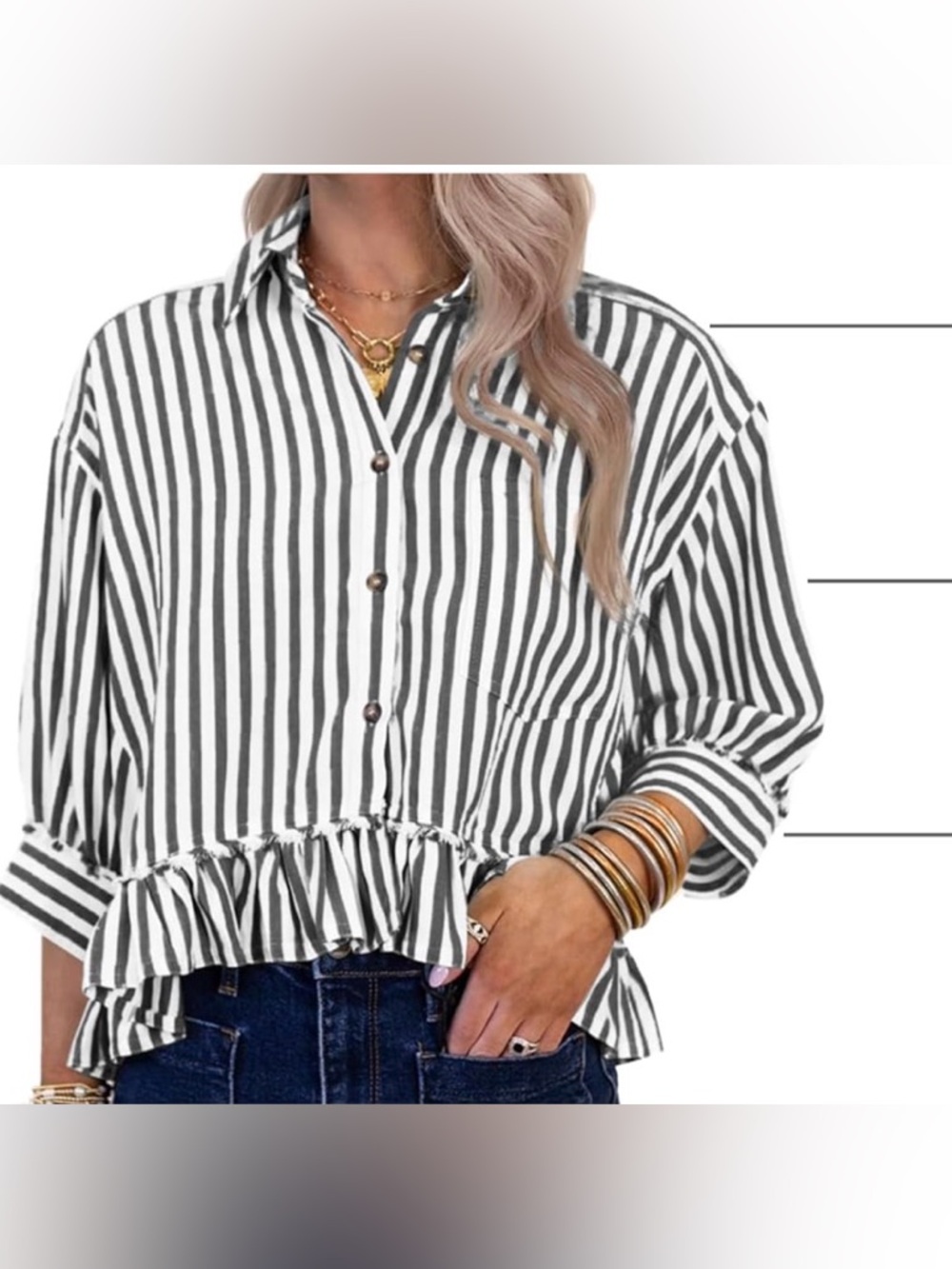 Francesca’s olive green Striped Ruffle Hem Button-Up Top - Women M  NWT